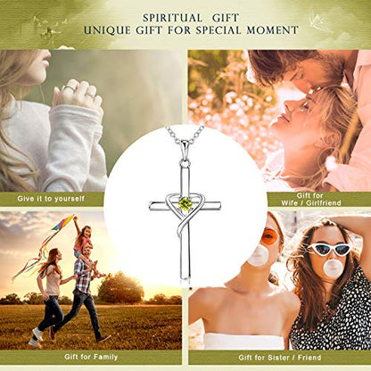 AmorAime 925 Sterling Silver Cross Necklace for Women Men 14K Gold Plated 5A CZ Birthstone Necklaces for Holiday - color: H.Green-August-Peridot