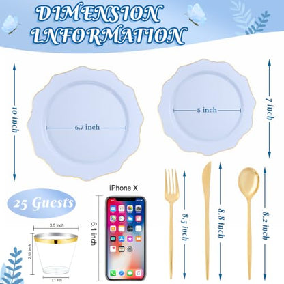 WDF 175Pcs Blue Plastic Plates - Heavy Duty Baby Blue Plates Disposable - 25Guests Plastic Dinnerware Ideal for Parties/Wedding/Baby Shower/Hanukkah - color: Bule and Gold, size: 175 pieces