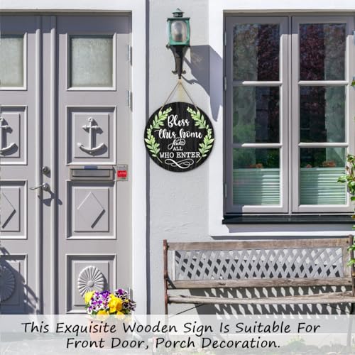 Welcome Door Sign, Greenery Wooden Round Decorative Wall Plaque, Bless This Home And All Who Enter, Christian Farmhouse Porch Yard Hanging Sign, 10 x 10 Inch, Wood