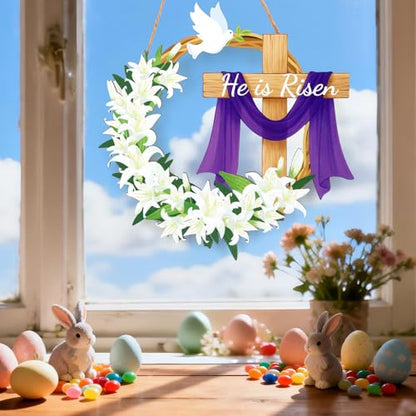 He is Risen Sign, Wooden Christian Wreath Hanging Sign with Cross and Lily Flowers Hanger Door Designs Funny Easter Decoration Supplies for Farmhouse Home Party Decor