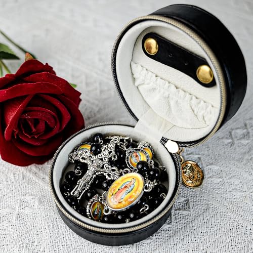 8mm Glass Pearl Catholic Rosary Necklace - Our Lady of Guadalupe Rosary Beads with Prayer Box, First Communion & Baptism Gift for Women and Men (La Rosa de Guadalupe) - color: black