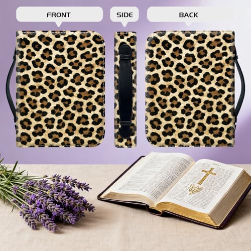 Bible Cover for Women Large PU Leather Zippered Bible Case with Handle and Animal Leopard Design, Christian Bible Bag for Girls & Women, Cover Fits Standard 9.5"x7.5"x2.3" Bible - color: Animal Leopard