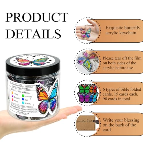 90 Positive Butterfly Cards Jar, Christian Affirmation Cards, Inspirational Bible Verse Jar, Religious Spiritual Gift with Butterfly Acrylic, Birthday Christian Gifts for Women Friends Mom Coworker