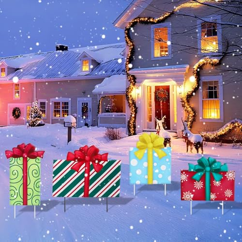 Christmas Yard Sign Decorations Outdoor Boxes Yard Signs with Metal Stakes for Xmas Holiday Party Lawn Sign Garden Decor Outdoor Yard Signs - style: Gift box