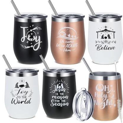 Gejoy 6 Pcs Christmas Wine Tumbler 12 oz Stainless Steel Wine Glass with Lid and Straw Christian Nativity Scene Tumbler Stainless Steel Coffee Cups Travel Mug for Xmas Holiday Party Gift, 6 Patterns