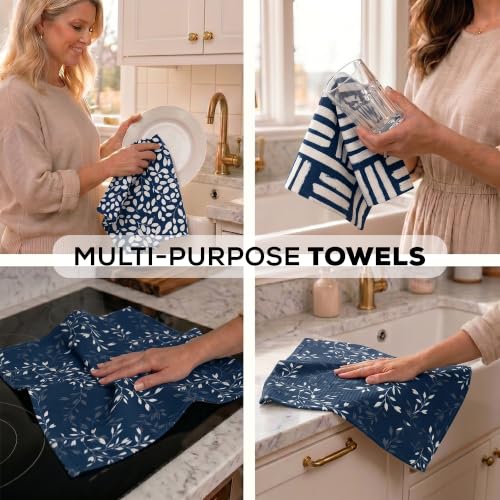 Kitchen Towels, Dish Towels for Kitchen, 3 Pc Kitchen Towel Set - color: Navy/Tan