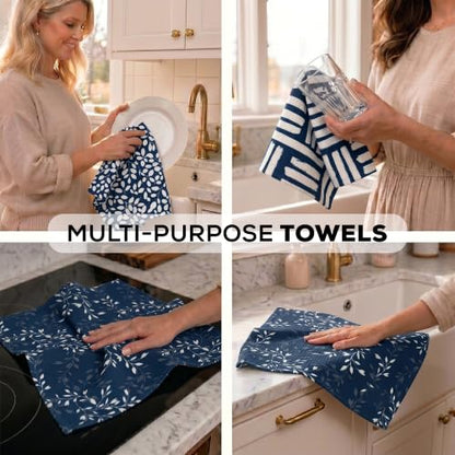 Kitchen Towels, Dish Towels for Kitchen, 3 Pc Kitchen Towel Set - color: Navy/Tan