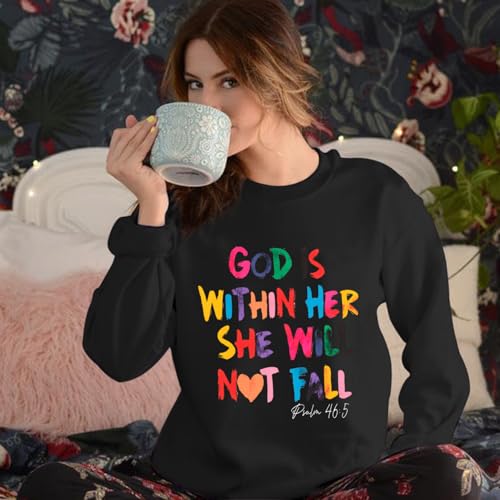 Wrenpies Christian God Is Within Her Sweatshirts for Women Jesus Faith Bible Verse Shirts Inspirational Hoodie Pullover Tops - color: Black, size: XX-Large