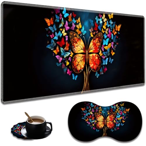 Extended Non-Slip Mouse Pad + Mouse Wrist Rest + Lace-Shaped Coaster Set, Ergonomic Design, Suitable for Desk and Home Gaming Table Mat, Colorful Tree Butterfly - color: Colorful Tree Butterfly
