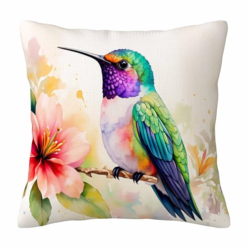 Colorful Tropical Bird Throw Pillow Cover,Watercolor Hummingbird with Pink Flower Decorative Pillow Case,Spring Floral Cotton Linen Cushion Case for Home Decor 18 * 18 Inch - color: Settype11