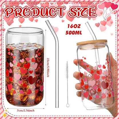 SiliFine 6 Pcs Valentine Heart Glass Cups, 16 oz with Lids and Straws - style: Heart