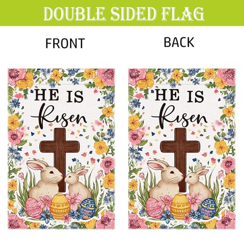 Welcome Easter Egg Garden Flag He Is Risen Christian Cross Small Flags for Outside, 12x18 Inch Rabbit Double Sided Burlap Seasonal Outdoor Yard Lawn Decoration