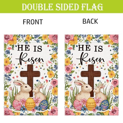 Welcome Easter Egg Garden Flag He Is Risen Christian Cross Small Flags for Outside, 12x18 Inch Rabbit Double Sided Burlap Seasonal Outdoor Yard Lawn Decoration