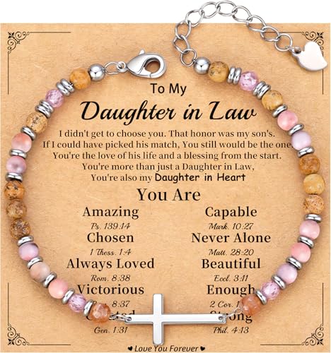 Cross Bracelet for Women, Christian Gifts for Women 2026 Stocking Stuffers for Teens Her Bead Bracelet Adjustable Gemstone Faith Religious Confirmation Communion Bracelet for Best Friend Mom Faith Birthday Anniversary Jewelry - color: Pink- Daughter in La