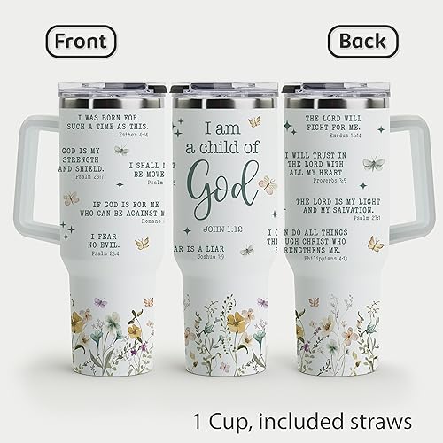 Christian Tumbler - Gifts for Christian Women - Bible Emergency Tumber - Motivational Coffee Tumbler - Gift Ideas for Christian Women, Friend, Coworkers - I Am A Child of God 40oz Tumbler with Handle - color: Child of God