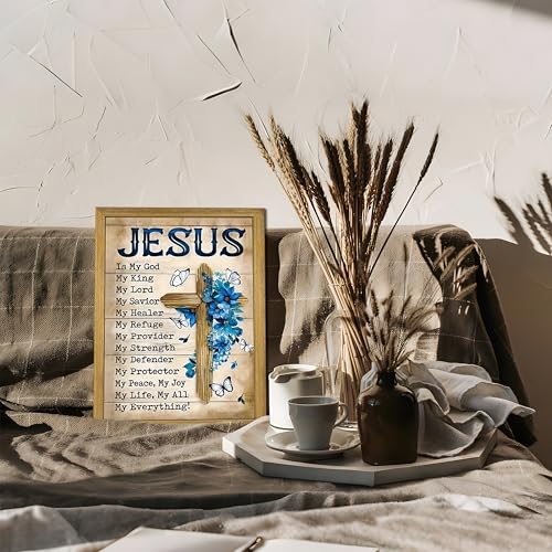 Framed Christian Wall Art Canvas Prints, My God Jesus Inspirational Quote Decor, Vintage Cross Floral Pictures Artwork, Rustic Faith Bible Verse Wall Decor for Living Room Bedroom – 8X10in - color: Jesus B, size: 10"L x 8"W