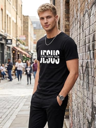 Christian Shirts Men Jesus Faith Over Fear Tshirt Inspirational Bible Tees - color: Black-jesus, size: Medium