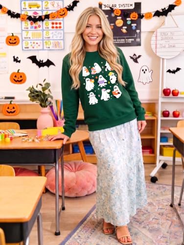 Teacher Halloween Sweatshirt Women Cute Ghost Reading Books Tops - color: C-green, size: Small