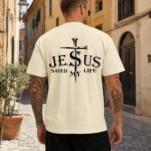 Christian Jesus Cross Shirts for Men Jesus Saved My Life T-Shirt God Tee - color: Creamy Yellow, size: 3X-Large