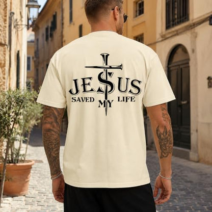 Christian Jesus Cross Shirts for Men Jesus Saved My Life T-Shirt God Tee - color: Creamy Yellow, size: 3X-Large
