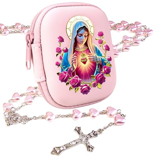 Rosary Beads Catholic for Women - Pearl Beads with Classic Cross, Virgin Mary Zippered Prayer Box, First Communion Gifts, Baptism Confirmation Jewelry - color: Heart of Mary-Pink