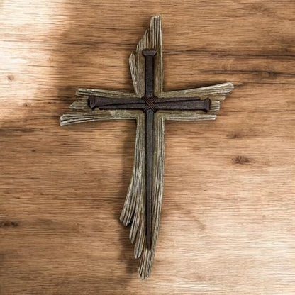 Top Brass Rustic 3-Nail Wall Cross – 12 ½” Resin Christian Cross with Weathered Wood Look and Symbolic Nails of Christ’s Crucifixion – Religious Jesus Crucifix Art