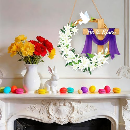 He is Risen Sign, Wooden Christian Wreath Hanging Sign with Cross and Lily Flowers Hanger Door Designs Funny Easter Decoration Supplies for Farmhouse Home Party Decor
