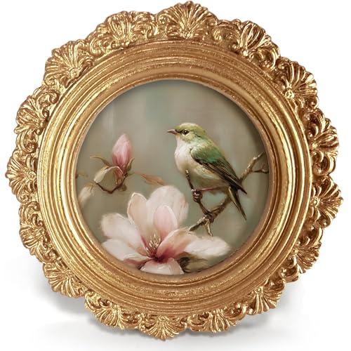 Small Vintage Bird Spring Round Picture Frame Wall Decor, Pink Flower Gold Mini Ornate Photo Frame for TableTop Desk 2.7in Photo,Rustic Farmhouse Framed Artwork for Walls Office Bedroom Shelf - color: bird flower