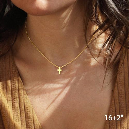 M MOOHAM Cross Necklace for Women Girls, Dainty 14K Gold Plated Cross Pendant Necklace Sideways Cross Choker Layered Necklaces for Women Girls - color: Tiny Cross Gold