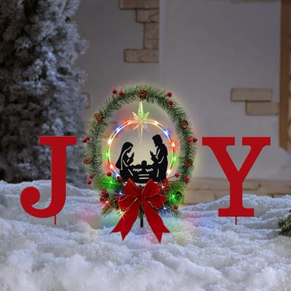 3Pack Solar Lights Christmas Joy Sign,Metal Nativity Scene Outdoor Garden - color: Red-joy