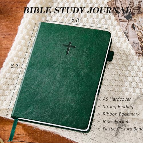 JUBTIC Bible Study Journal for Women – Green Scripture Notebook with Sermon Notes & Prayer Tracker, Christian Gift for Baptism, Graduation, or Easter, A5 Hard Cover Linen Journal - color: Dark Green