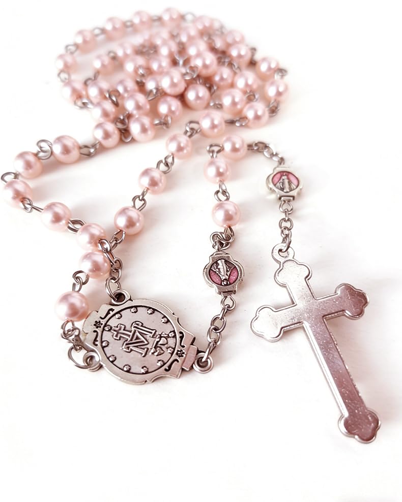 Catholic Rosary Necklace, Solid Glass Beads, Prayer Guide Included, Faith Gift for Women - color: Pink