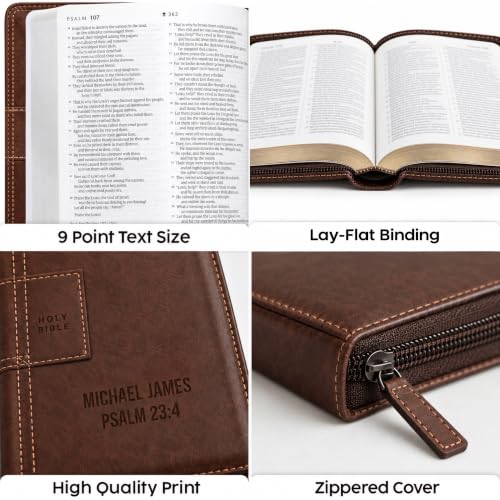 Printualist Personalized NLT Zippered Thinline Reference Bible, Engraved Name and Scripture, Red Letter New Living Translation Text, Faux Leather Gift for Travel and Church, Atlas Rustic Brown - color: Atlas Rustic Brown