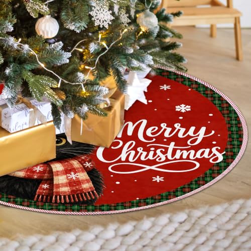 Black Cat Merry Christmas Tree Skirt, Cat Red Xmas Tree Skirt 36 Inch - color: Black Cat-1