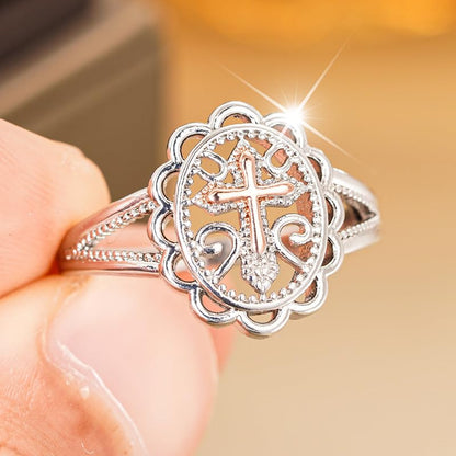 Two-Tone 925 Sterling Silver Plated Cross Statement Rings for Women Men,Victorian Religious Style Signet Oval Shape Cross Ring for Women's Jewelry Gifts Size 8# - size: 8#