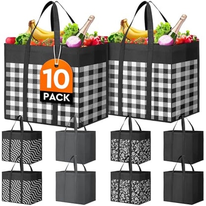 Reusable Grocery Shopping Bags 10 Pack Large Foldable Tote Bags Bulk - color: Plaid: Black,grey