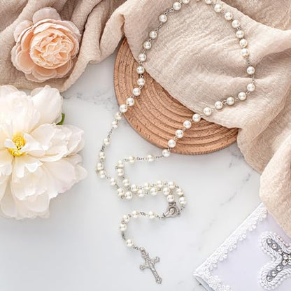 ROCEEI 24 Set Catholic Rosary Bead Bulk 8mm Glass Pearl Beads - color: White
