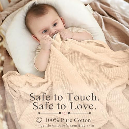 100% Cotton Knitted Baby Blanket, Neutral Cream, 40"x31" - color: Cream