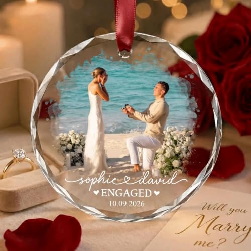 Personalized Engagement Photo Glass Ornament, Engaged Couples Photo Gift, Wedding Ornament, for Couple - color: Ds 07