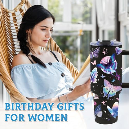 40oz Tumbler with Handle & Straw, Butterfly Gifts for Women - color: Butterfly-Black