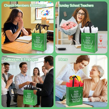 LUAVIARU 80 Pcs Bible Verse Christian Gift Bags Set – 40 Green Reusable Gift Bag with Handles & 40 Tissue Paper, Religious Gift Bag for Church Events, Baptism, Easter, Communion, Congratulations - color: Green, size: 40
