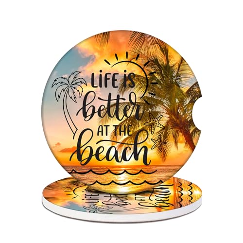 Cup Holders Car Coasters - Sea Beach Palm Tree Absorbent Ceramic Coaster, Drink Cup Holder Coasters, Auto Accessories for Women & Men, Pack of 2 - color: Life is Better at the Beach