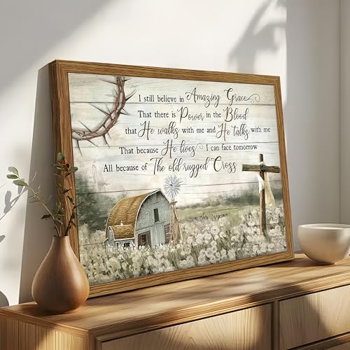 Cross Christian Wall Art Barn Windmill Country Pictures Framed 12x16 Inch - color: Hymn-wood, size: 16"L x 12"W