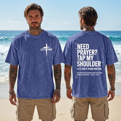 BINTEHGS Mens Christian T Shirts Need Prayer Tap My Shoulder Shirt Jesus Faith Oversized Graphic Tees God Acid Wash Tshirt - color: Blue, size: X-Large