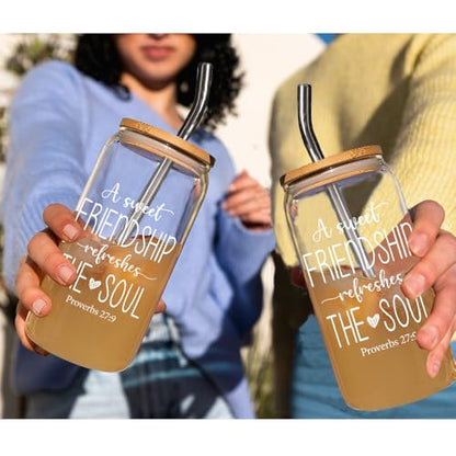 A Sweet Friendship Refreshes The Soul Christian Gifts for Women, Friendship Gifts for Women Sister Friends, Bible Verses Glass Cups Tumbler Cups W Lids Straws, Inspirational Religious Birthday Cup