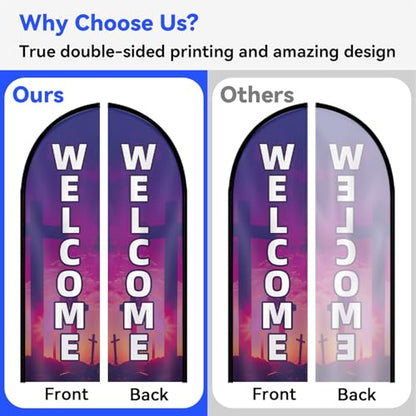 Double Sided Church Welcome Feather Flag with Pole Kit, 8FT Durable Polyester Outdoor Church Sign Banner, High Visibility Welcome Flag for Entrance, Sunday Service & Community Events
