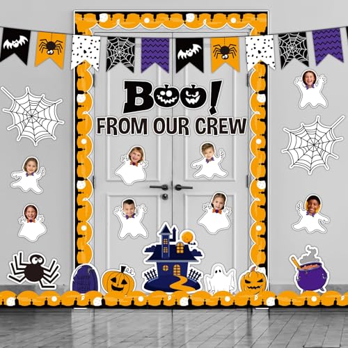 Halloween Ghost Bulletin Board Set Classroom Decorations Pumpkin Castle Paper Cutouts BOO Ghost Pattern Spider Web DIY Photos Bulletin Board Halloween Party Back to School Nursery Classroom Wall Decor - style: Ghost