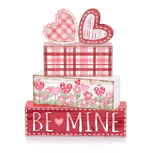 Britimes Tiered Tray Decor Set, 4 Pack, Wooden Table Sign, Valentine Flower - color: Valentine’s Day Pink Hearts