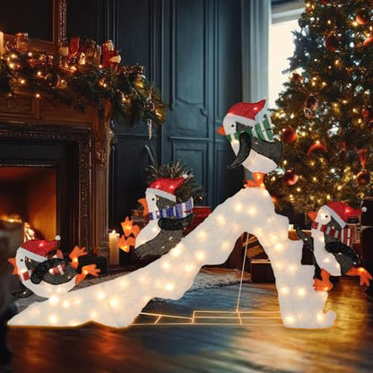 7 FT Lighted Christmas Penguin On Slide, Pre‑Lit Outdoor Yard Decor - size: 51''*82.68''