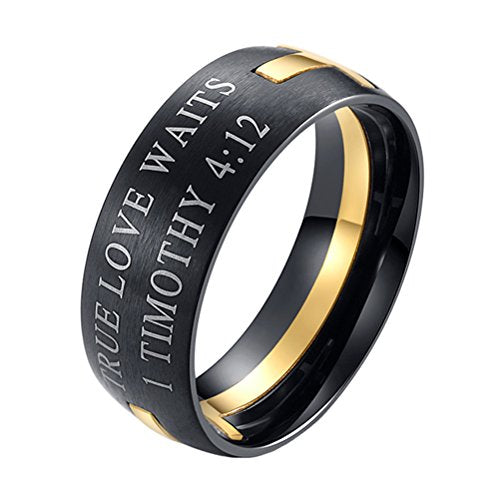 Men's Stainless Steel 8MM Bible Verse Christian Purity Cross Ring Band 1 Timothy 4:12 - color: Black Gold